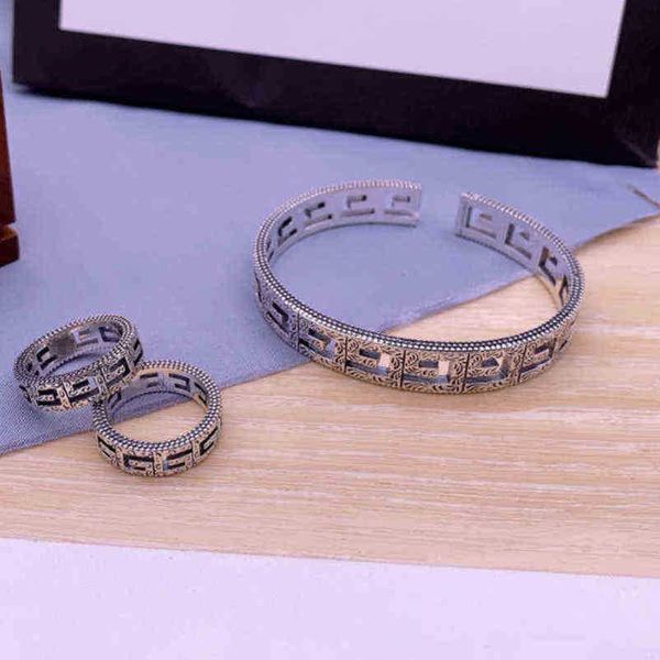 

designer jewelry bracelet necklace accessories square hollowed out couple ring antique carved pattern bracelet high quality, Silver