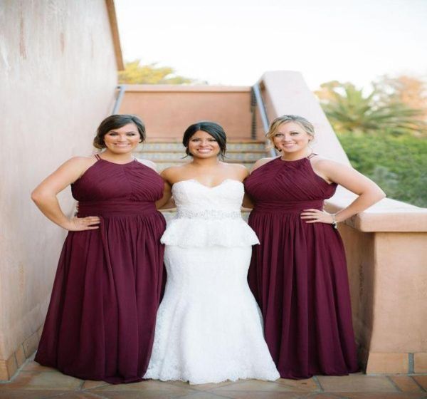 

elegant burgundy plus size chiffon long bridesmaid dresses halter neckline pleat zipper 2019 maid of honor gowns evening formal dr3447731, White;pink