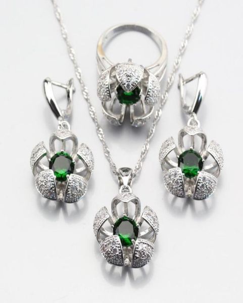 

earrings necklace selling threedimensional silver color green created emerald flower jewelry sets for women ring 678910 js35928609