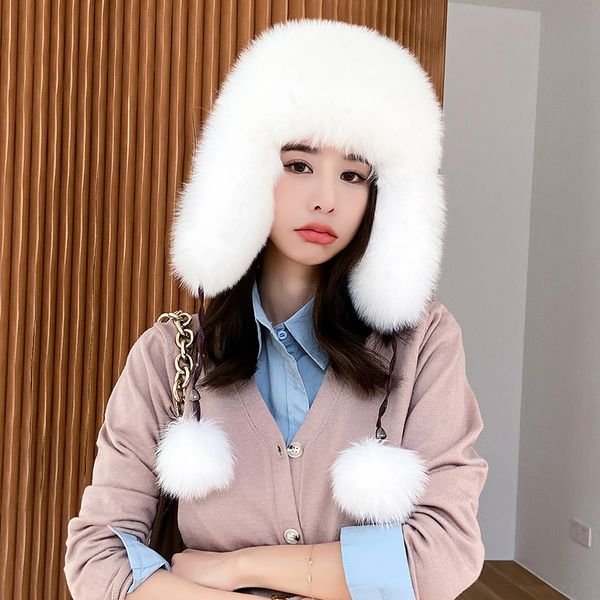 

womens real fox fur hat russian ushanka winter hat aviator trapper hunter cap, Blue;gray