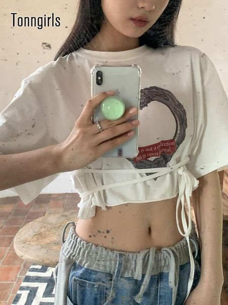 

t-shirt tonngirls harajuku shirt short sleeve t shirt women y2k print graphic t shirts lace up casual crop summer fashion tee, White