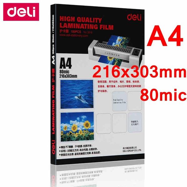 

epilator 100sheets/pack deli 3816 pouch laminator film a4(216x303mm) size 80 mic p documents pet laminating pouch film wholesale
