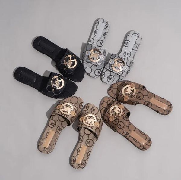 

luxury summer sandals designer women flip flops slipper fashion genuine leather slides metal chain ladies casual shoes, Black