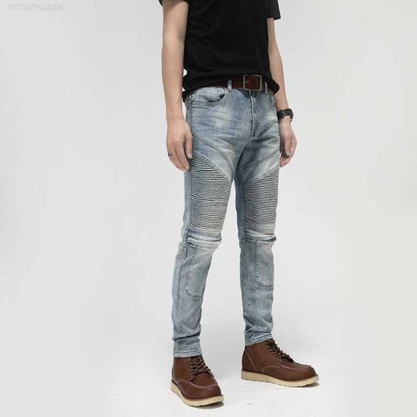 

jeans fashion designer brand motorcycle pants rugged slim fit small feet stretch men's springd, Blue