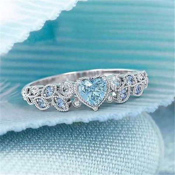 

band rings elegant sweet multicolor zircon love leaf ring for women cute romantic ocean heart bridal wedding ring anniversary gift for wife, Silver