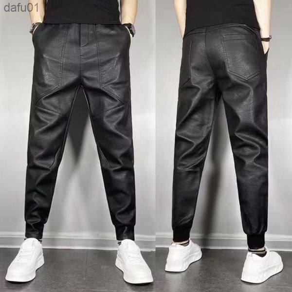 

men's pants spring autumn punk leather mens pants faux motorcycle clothing stylish waterproof windproof pu elastic waist leather pants, Black