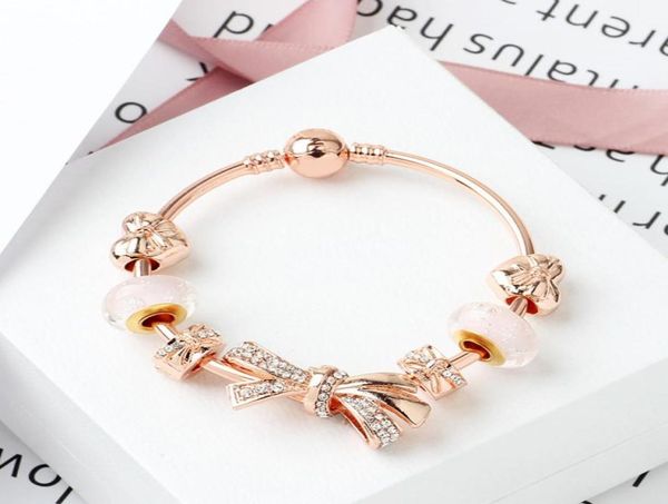 

strands fashion rose gold shining bow bracelet 1820cm love charm glass bead jewelry whole3923055, Black