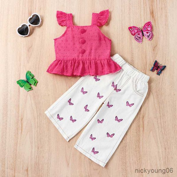 

clothing sets girls summer outfit fashion kids children flying sleeve button and white butterfly pants