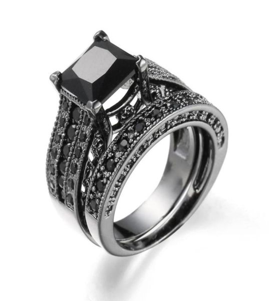 

women rings big black blue stone fashion wedding ring sets engagement promise bague femme europe fashion twoinone rings80891292301783, Silver