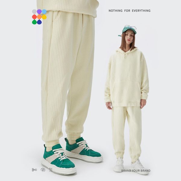 

pants inflation winter thick warm casual pants couple fashion waffle knitted pants men plain joggers pants men women trousers, Black
