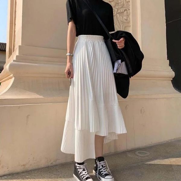 

dresses lucyever white high waist pleated skirt women 2023 korean fashion asymmetrical ruffles long skirt new summer aline midi skirts, Black;gray