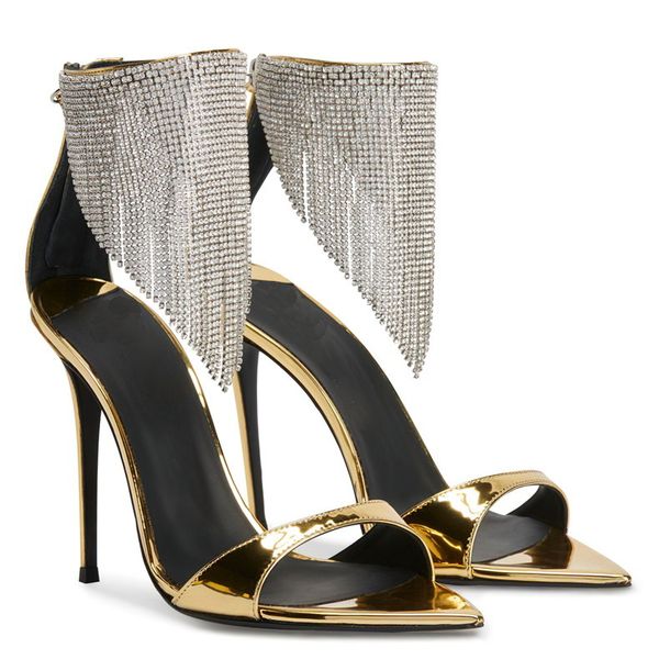 

rhinestone chain women's sandals runway high heels slingback women shoes wummer 2023 strappy crystal stass tassel sandals ladies size 4, Black