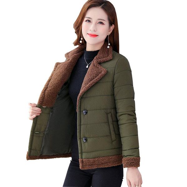 

leather 2022 autumn winter women short cotton parka lambswool collar cotton clothing warm jacket female wadded outerwear 3285, Black