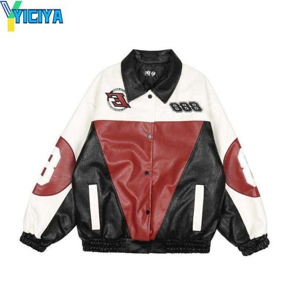 

yiciya men's jackets embroidered letters pu leather jacket men's high street fashion brand loose thickened turn down collar baseba, Black;brown