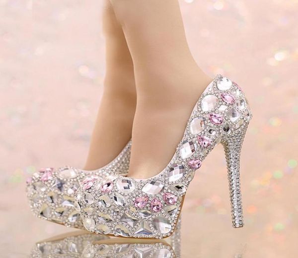 

silver rhinestone wedding shoes round toe bridal shoes with pink crystal platform prom shoes graduation party high heels4033066, Black