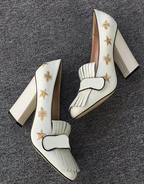 

2021ss spring women high heels shoes marmont pumps embroidered mules mujers thick dress party loafers with charming tassel bla7269083, Black