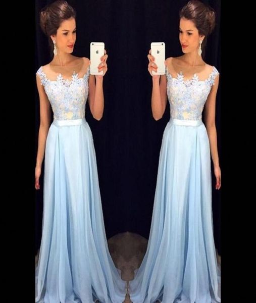 

2018 elegant light sky blue prom dresses sheer neck cap sleeves appliqued chiffon floor length formal dresses modest evening gowns1800847, Black