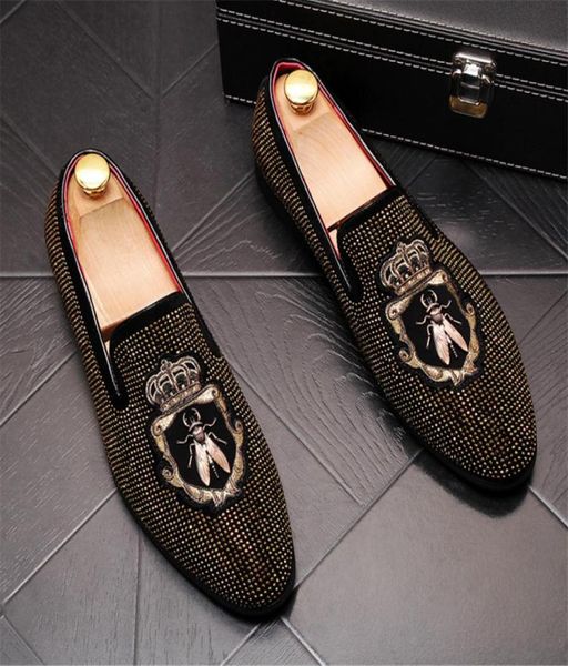 

new arrival men039s suede loafers men039s casual embroidered bright diamond moccasins crime moccasins italian party flats 5073565, Black