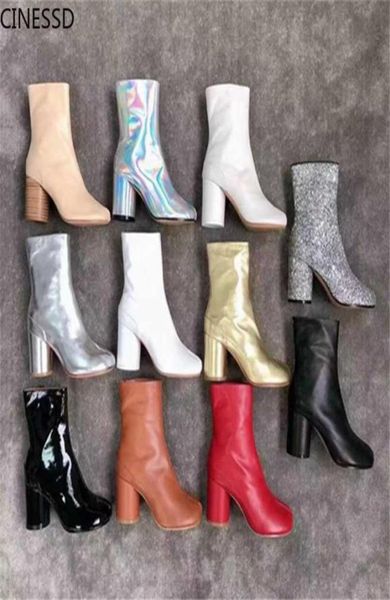 

split toe boots women real leather ninja tabi boots genuine leather chunky heel ankle boot cow leather woman high heels shoes 21104394347, Black