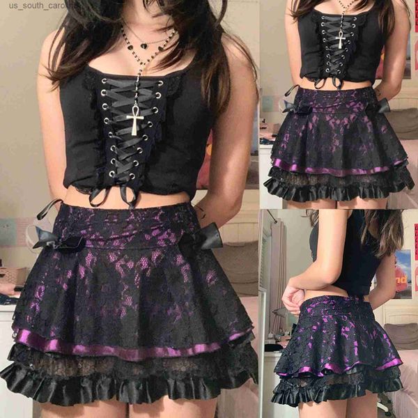 

faldas women lace pleated skirts high waist gothic kawaii lace up ruffles short skirts streetwear toddler ballet skirt in stock l230522, Black