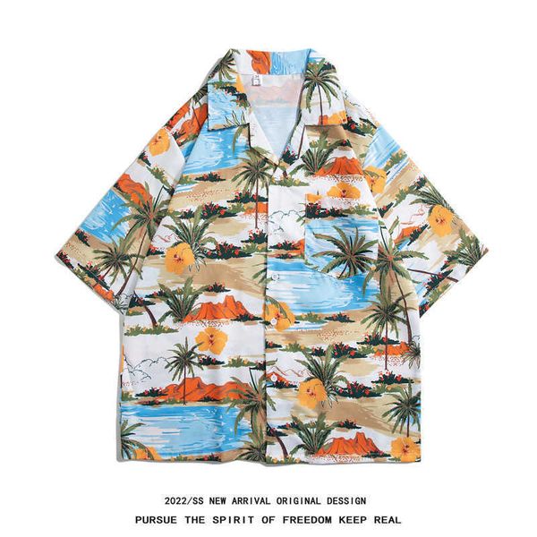 

vintage cuban collar oil printed shirt men's and women's fashion loose hawaiian shortsleeved shirt egv, White;black