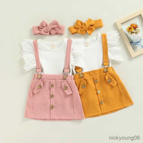 

clothing sets summer kid girls clothes solid short sleeve suspender skirt headband children fashion style girl, White