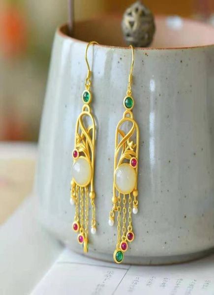 

dangle chandelier natural hetian white magnolia fringe inlaid zircon chinese style earrings exquisite and elegant ladies silver 6515570