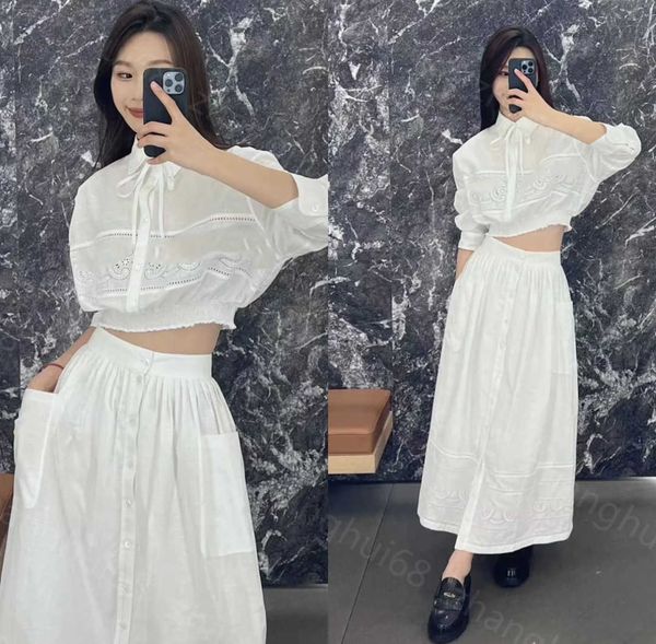 

23ss shirt suit womens designer clothing skirt set heavy industry hollowed out embroidery logo short shirt high waist long half skirt sets w, White