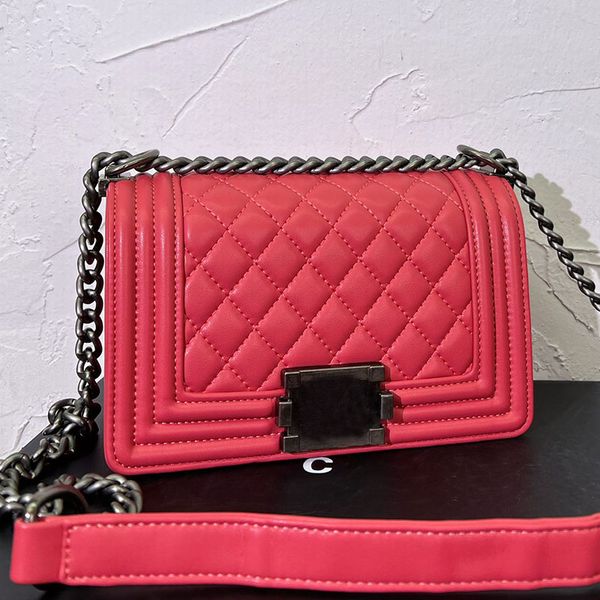 

women designer mini boy flap bag aged silver metal hardware chain with leather strap crossbody shoulder handbag luxury lovely purse quilted