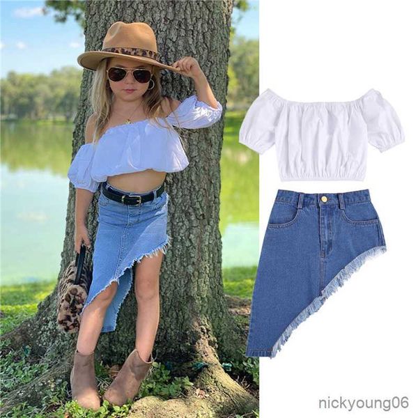 

clothing sets kids baby girls clothes summer suit 2pcs short sleeve denim irregular skirts outfit set for girl 2-6y, White