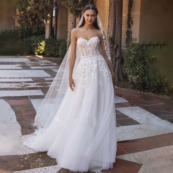 

chic beach a line wedding dresses for women summer sweetheart tiered tulle lace appliques pleats boho bohemian bridal gown vestidos de soire, White