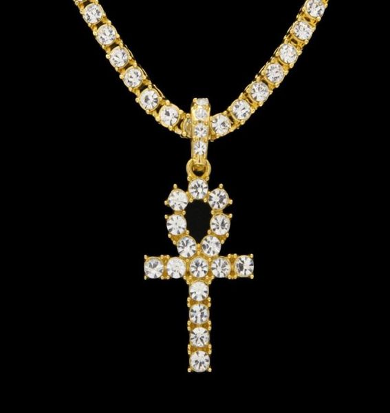 

egyptian ankh key of life necklaces mens iced out bling crystal cross pendant gold silver tennis chain for women rapper hip hop je4342867