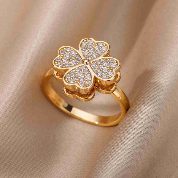 

band rings zircon rotatable four leaf clover anxiety rings for women stainless steel antistress fidget spinner ring aesthetic jewelry gift j, Silver