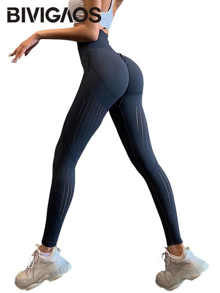 

leggings bivigaos hollow fitness leggings women high waist elastic peach butt quickdry sport leggings seamless knitted push up leggings, Black