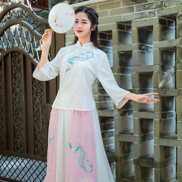 

republic of china style women's suit, half skirt, retro long skirt, two-piece cheongsam, chinese style summer student class uniform, ne, Blue;red