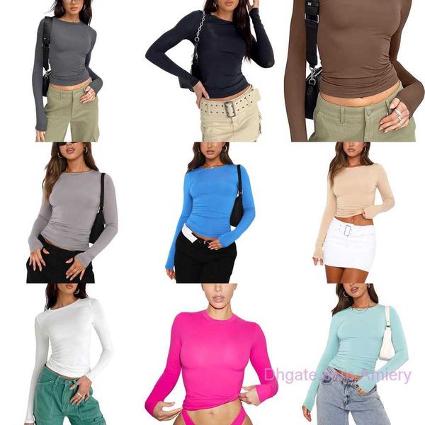 

2023 new womens t shirt spring and autumn designer crop casual round neck long-sleeve tee shirt solid color slim pullover t-shirts women&#03, White