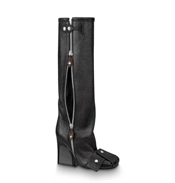 

2021 lady women sheepskin leather chunky high heels knee boots square toe almond shaped toes kneehigh catwalk rivets zipper shoes6047120, Black