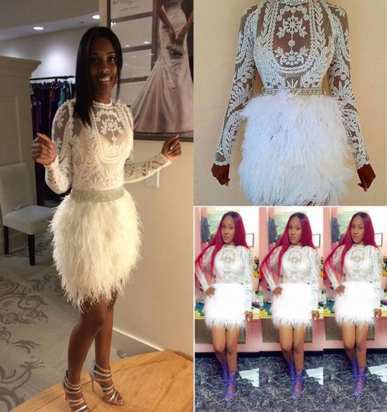 

feather cocktail dresses long sleeves sheath lace applique short prom gowns mini formal party dress8606688, Black