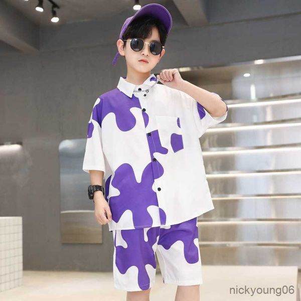 

clothing sets summer kids new fashion print for big boys clothes suit ice silk shirt ndshorts 2pcs green purple white children