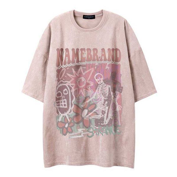 

letter cartoon graffiti print short sleeve t-shirt men's fashion loose velvet pullover, White;black