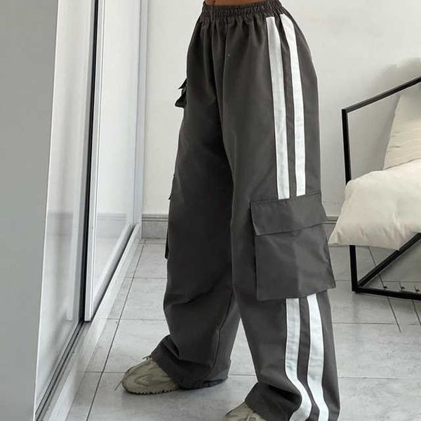 

sweatpants women 2023 new fashion contrast color loose straight elastic waist black pants casual chic pockets y2k pants, White;black
