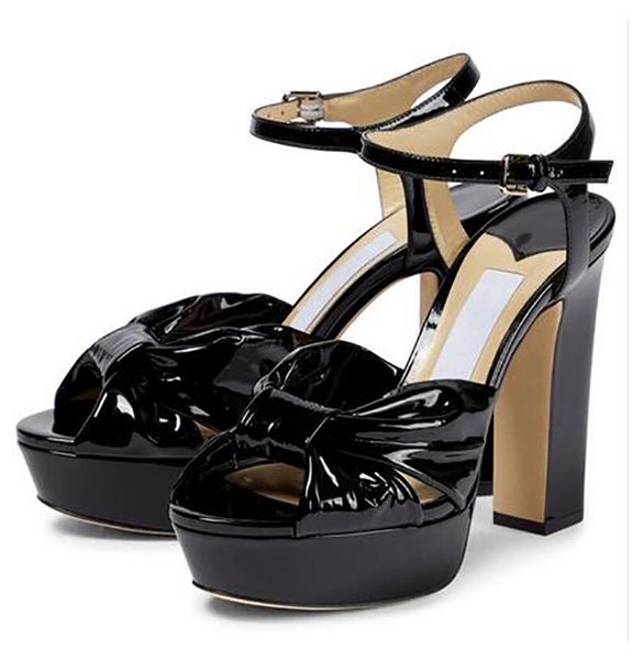 

luxury women sandals heloise thick sole sandals knotted straps fashion peep toe party wedding perfect summer lady wedding shoes 35-43, Black