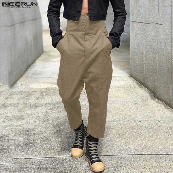 

men's pants incerun men pants solid color button 2023 joggers pockets casual straight trousers men streetwear fashion leisure pantalon, Black