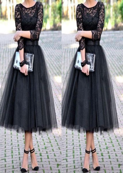 

2019 tea length bridesmaid dresses evening dress 34 long sleeves jewel a line black party gowns lace long wedding guest dresses9960281, Blue;red