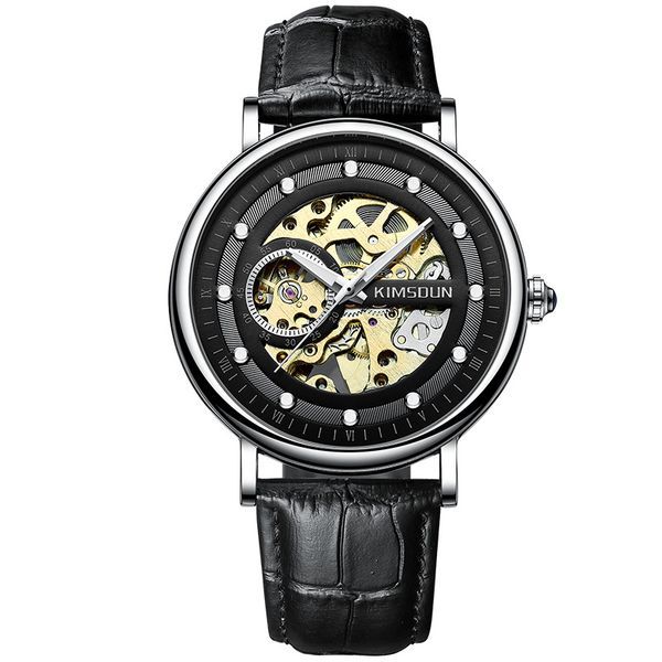 

hollow engraving skeleton casual designer black golden case gear bezel watches men luxury brand automatic watches, Slivery;black
