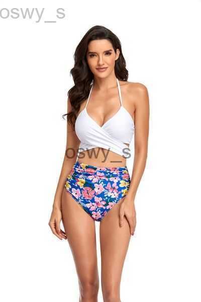 

set two-pieces bikinis for women solid color halter adjustable lace-up swimming bra high-waist pleated briefs girls split swimwear for 2023, White;black