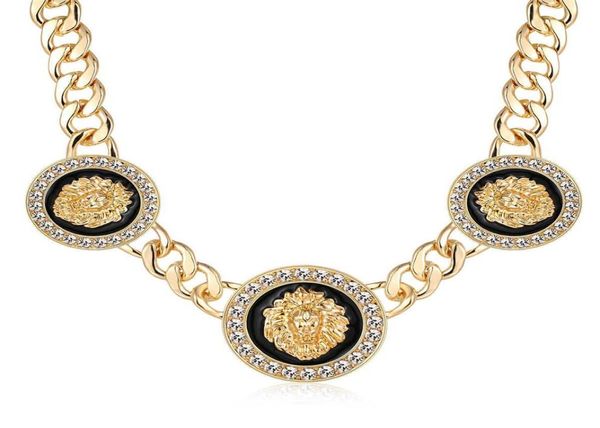 

hiphop lion head choker necklace gold color statement alloy crystal enamel pendant chunky chain costume jewelry 21571795, Silver
