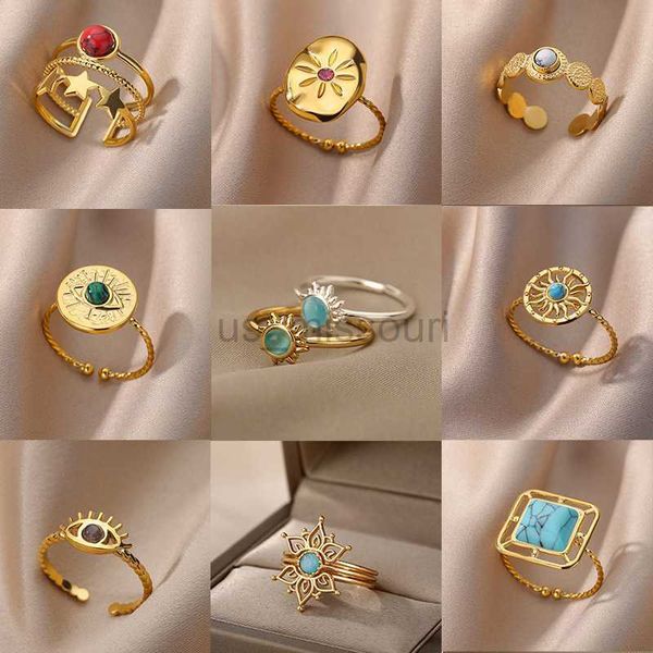 

band rings stainless steel opal stone rings for women gold plated sun star wedding couple finger ring aesthetic jewelry gifts j230531, Silver