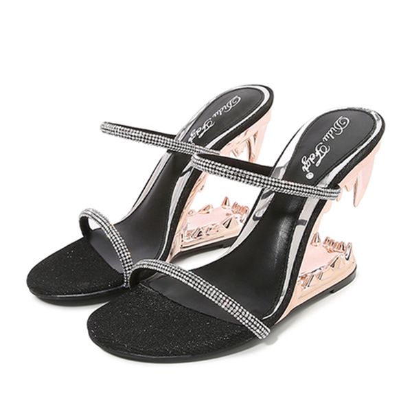 

slippers women strange tooth heel summer sandals crystal dress pumps ladies high heels wedge shoes designer gladiator mules, Black