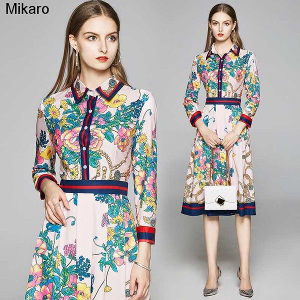 

mikaro new luxury fashion floral print designer women pleated shirt dress 2023 runway elegant ladies slim casual office dresses button long, Black;gray